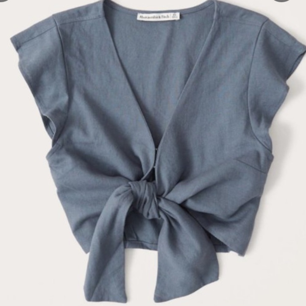 Abercrombie & Fitch Tie Front Crop Top, linen blend, blue, ruffle sleeve, XS